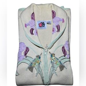 Vintage Storybook Knits Cream “Enchanted Gaze” LS Embroidered S Sweater Sequins